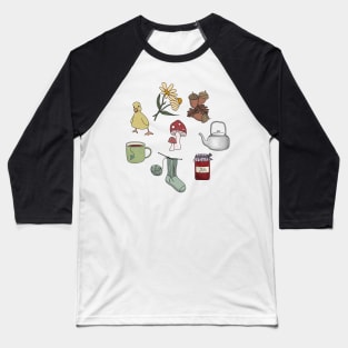 Cottagecore Starter Pack - Cottage Lifestyle Acorns, knitting, jam, duckling, daisy, kettle and enamel camping cup Baseball T-Shirt